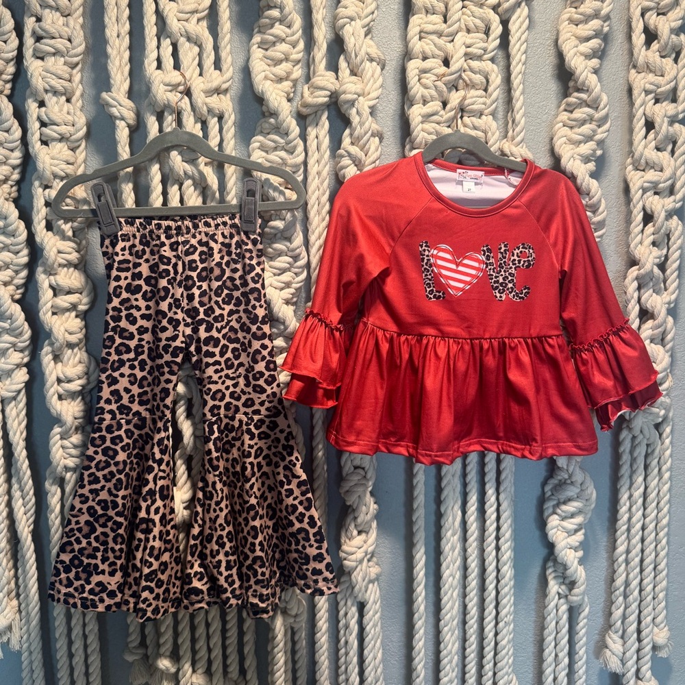 Clover Cottage | Toddler 3T | leopard bell bottom & red ruffle “love” shirt set